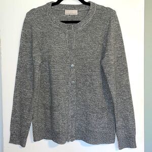Carolyn Taylor marled yarn patch pocket round neck button front rib trim cardi L